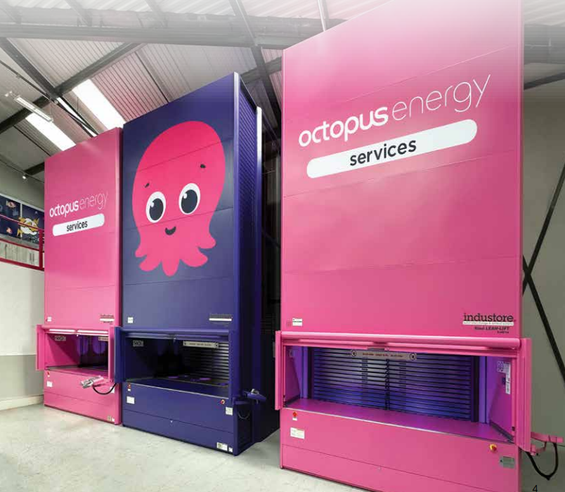 Automated storage for warehouses: branded vertical storage and octopus energy warehouse